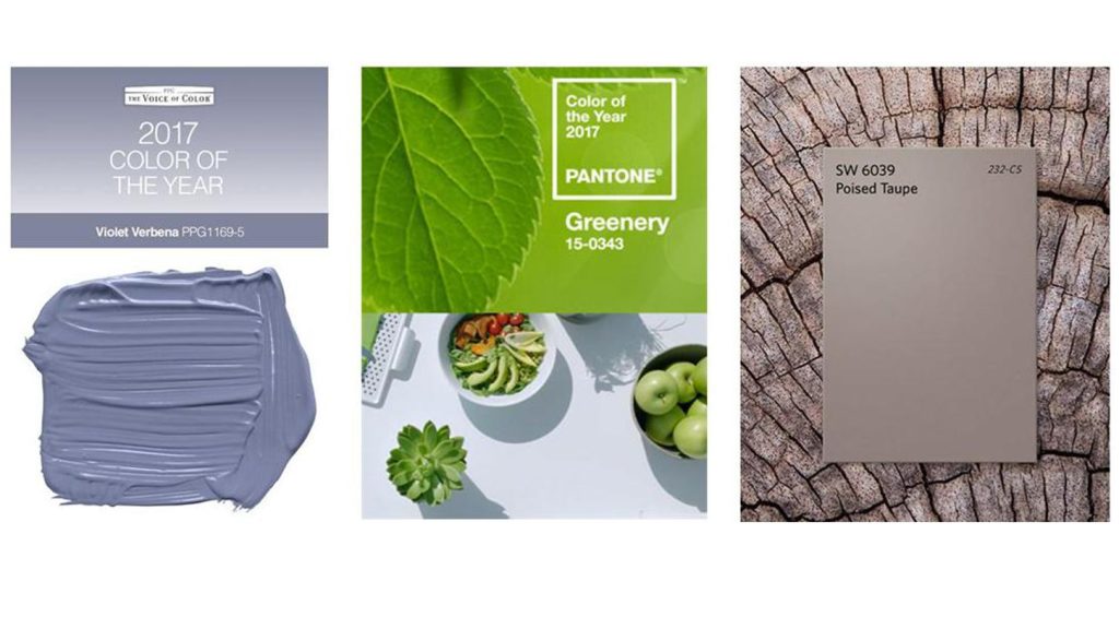Three color swatches for Color of the year 2017, Violet Verbena, Greenery, and Poised Taupe