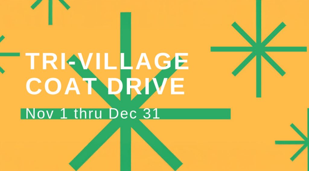 Tri-Village Coat Drive text over yellow background with green line snowflakes