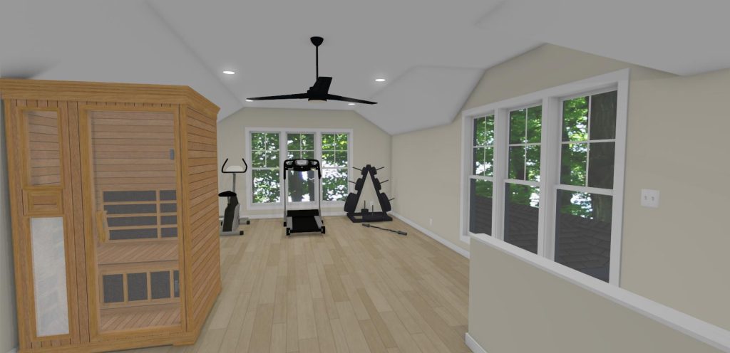 Second-floor wellness space with home gym and sauna above garage ADU