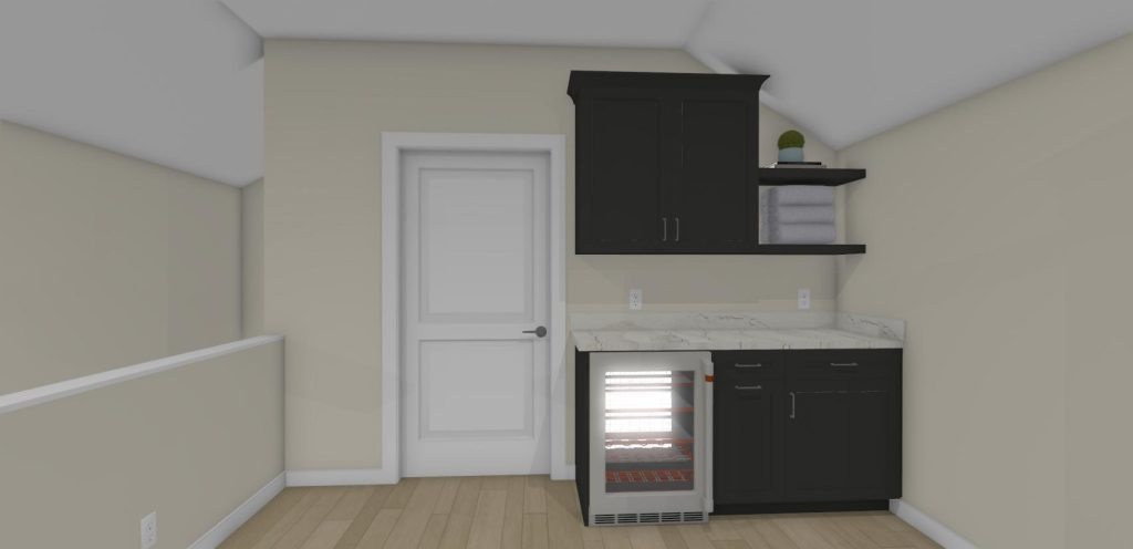 Second-floor beverage center with built-ins near entrance to full bathroom