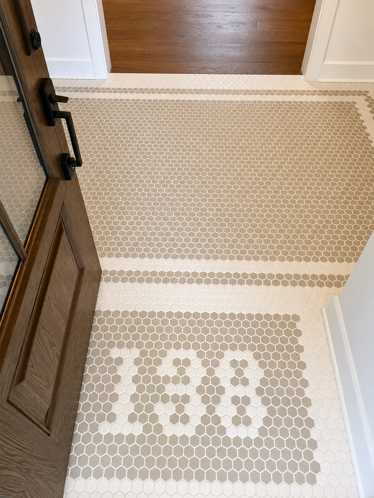 Custom hex mosaic entryway tile in a Clintonville home, featuring a decorative border and the house number incorporated into the floor design.