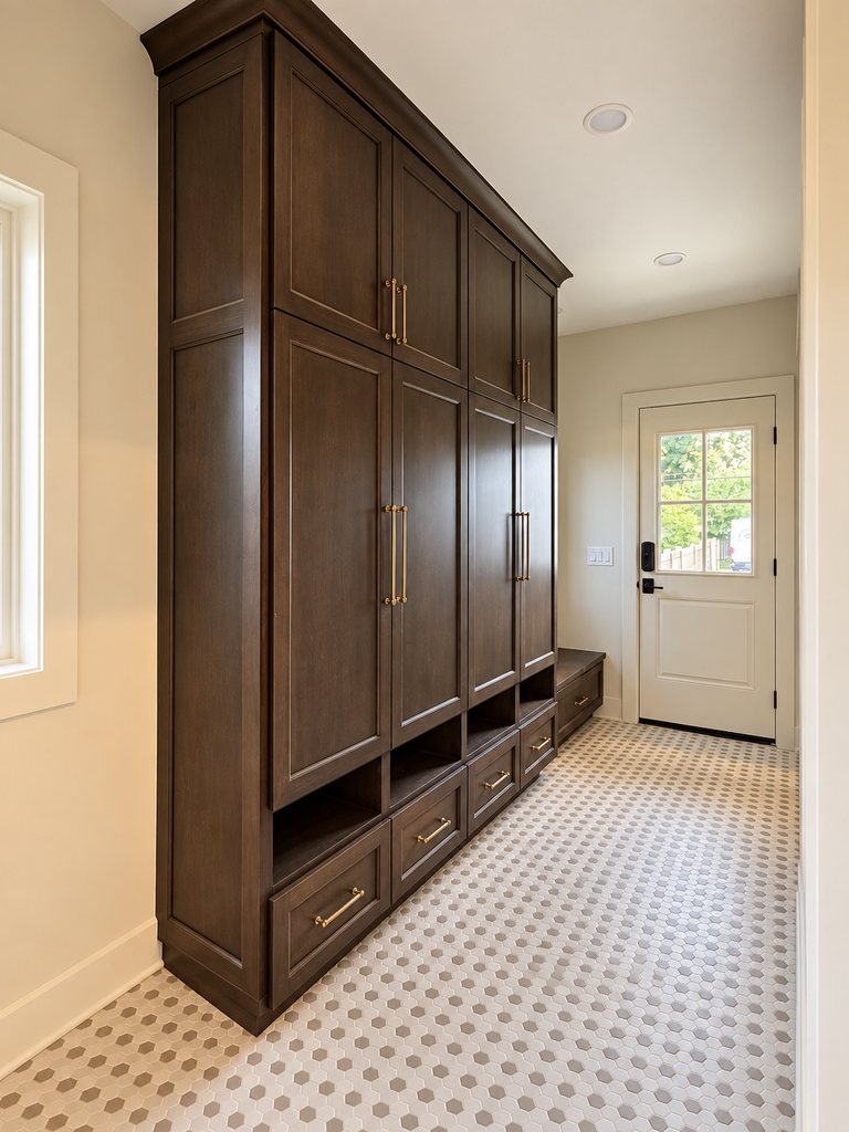 Custom mudroom in Clintonville, OH featuring dark wood cabinetry, brass hardware, built-in storage, and patterned hex tile flooring.