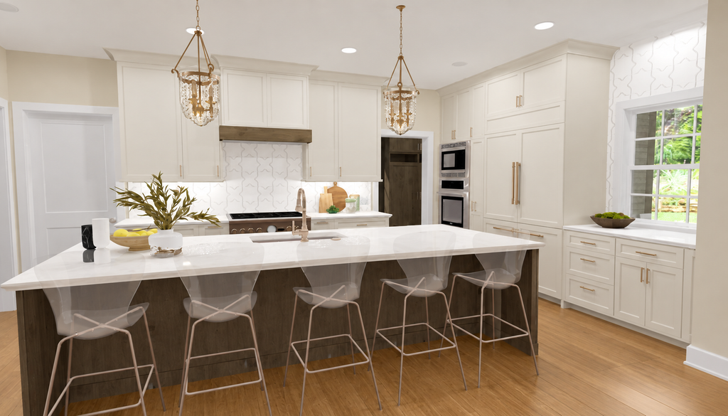 Kitchen rendering for a new build in Clintonville, OH featuring white cabinetry, a large contrasting wood island, brass accents, decorative pendant lighting, and warm wood flooring.