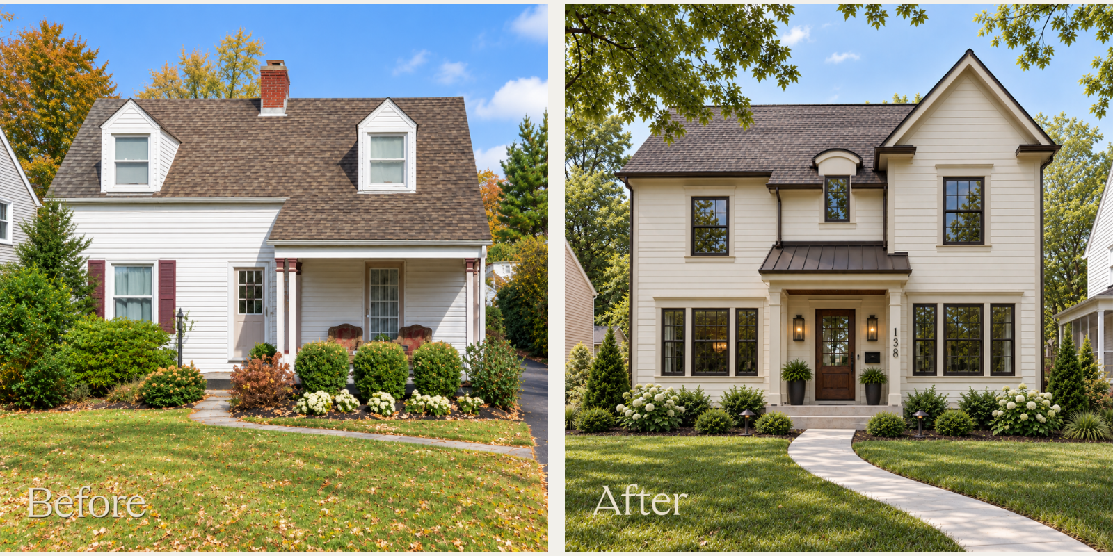 Before-and-after view of a Clintonville home transformed from the original house into a custom tear-down rebuild designed for a growing family.